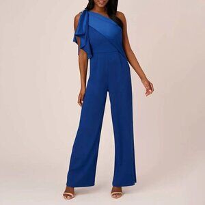 Adrianna Papell Draped One Shoulder Rhinestone Jumpsuit Royal Blue Womens Size 2